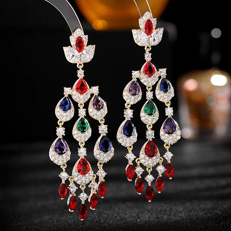 Vibrantly Hued Cubic Zirconia-Adorned Tassel Earrings with Long Water Drop Design, Embodied in Fashionable Court Style for an Exquisite and Bold Statement