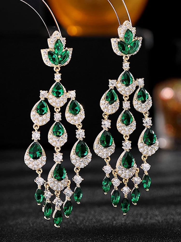 Vibrantly Hued Cubic Zirconia-Adorned Tassel Earrings with Long Water Drop Design, Embodied in Fashionable Court Style for an Exquisite and Bold Statement