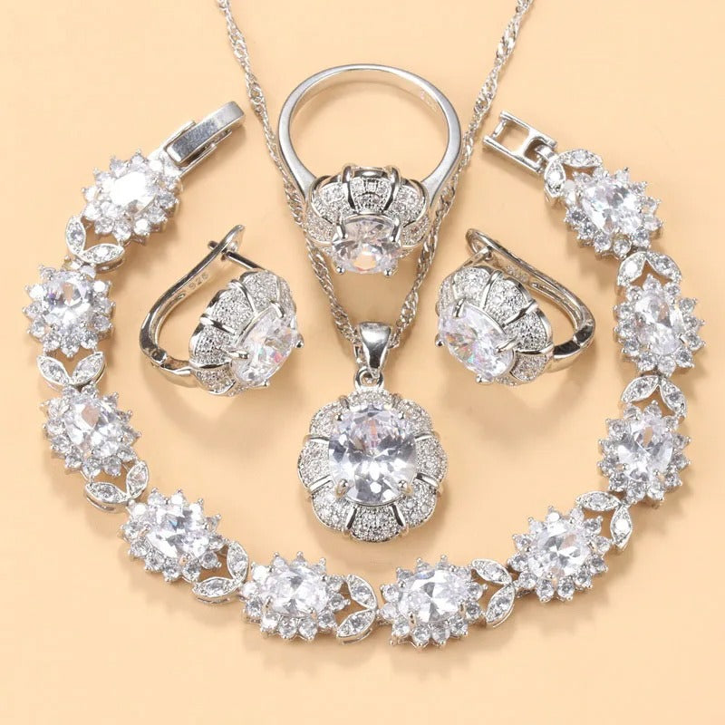Stunning 925 Mark Bridal Jewelry Set for Women, Featuring Fashionable Wedding Dress Costume Necklace, Earrings, Green Zircon Charm Bracelet, and Ring.