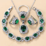 Stunning 925 Mark Bridal Jewelry Set for Women, Featuring Fashionable Wedding Dress Costume Necklace, Earrings, Green Zircon Charm Bracelet, and Ring.