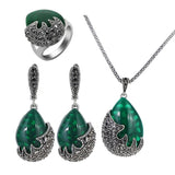 Vintage Waterdrop Green Stone Jewelry Set with Black Rhinestone Earrings, Short Necklace, and Retro Ring – Perfect Gifts for Women