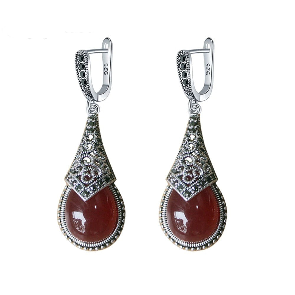 Elegant Vintage Wine Red Stone Earrings for Women adorned with Black Rhinestones set