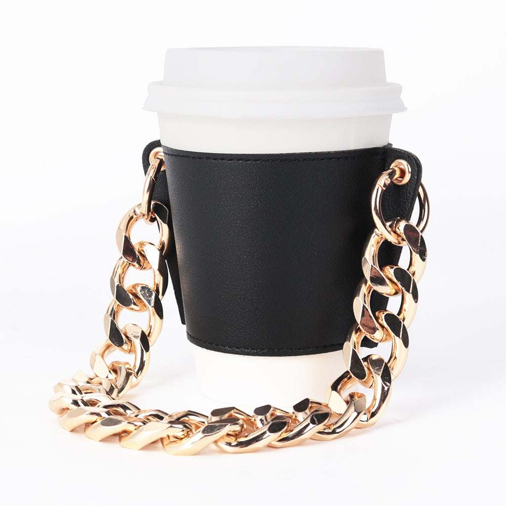 Reusable  Leather Coffee Cup Sleeve with  Handle Chain.