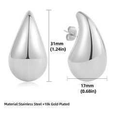 Punk Smooth Gold Plated Exaggerate Dupes Teardrop Chunky Hammered Stud Earrings Stainless Steel Waterdrop Lightweight Ear Buckle