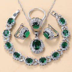 Stunning 925 Mark Bridal Jewelry Set for Women, Featuring Fashionable Wedding Dress Costume Necklace, Earrings, Green Zircon Charm Bracelet, and Ring.