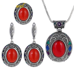 Vintage Ethnic Jewelry Set With Red Stone Cloisonne Enamel Earrings Round Pendant Necklace